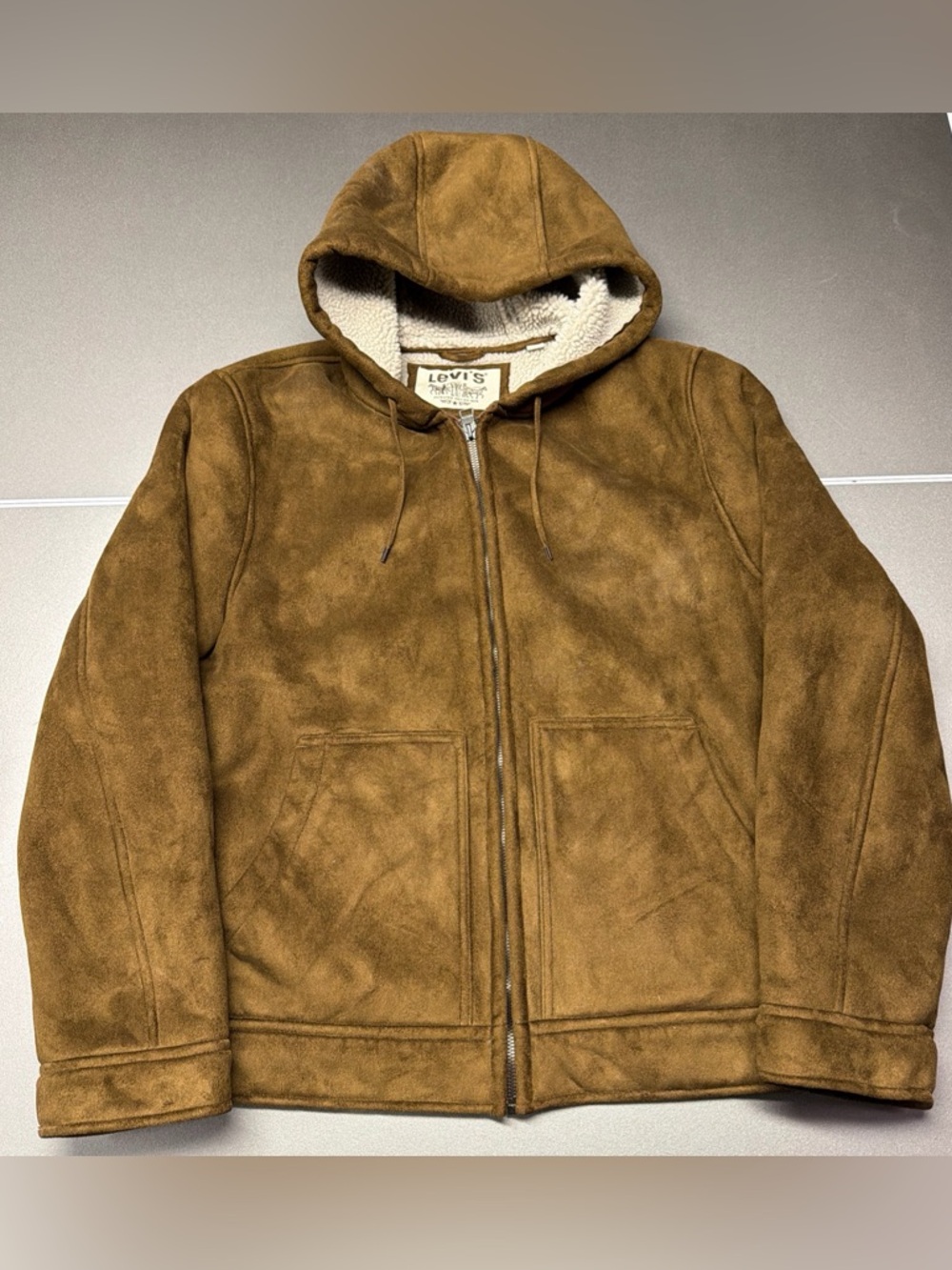 Levi's Men's Medium Brown Sherpa Lined Faux Suede Hooded Full Zip Jacket Coat